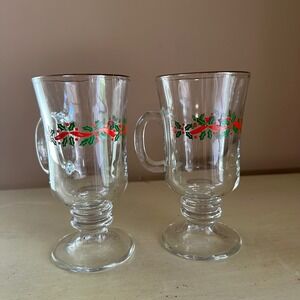 Set of 2 Christmas Egg Nog Irish‎ Coffee Mugs Glass Gold Rim Holiday Holly